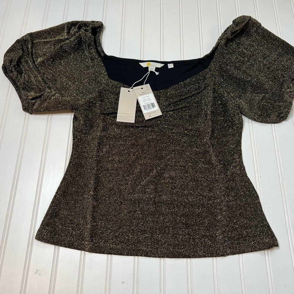 Boden Black Gold Sparkle Ruched Jersey Top US 8 Women NEW. 470
